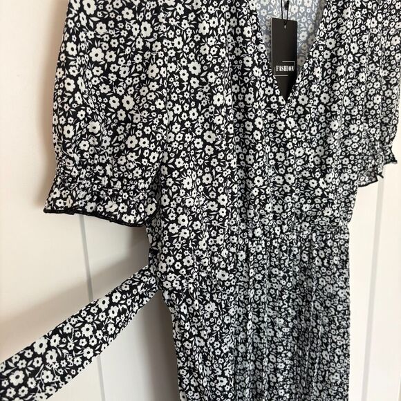 Women’s Black Floral Pleated Midi Dress V-Neck Puff Sleeve Size L New - Picture 6 of 12